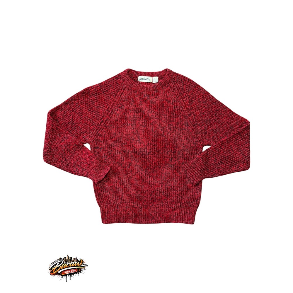 St Johns Bay Mens Medium Red Black Marled Knit Raglan Crewneck Sweater Pullover